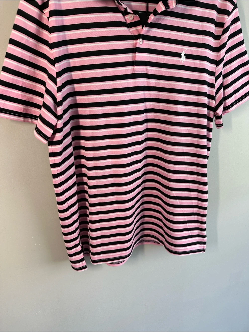NWT RLX Ralph Lauren Pink And Black Stripe Polo Shirt Size L Golf
